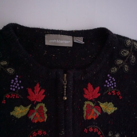 Vintage Craft & Barrel Black Zip-Up Knit Cardigan Embroidered Grapevine Fruit M - Picture 11 of 12